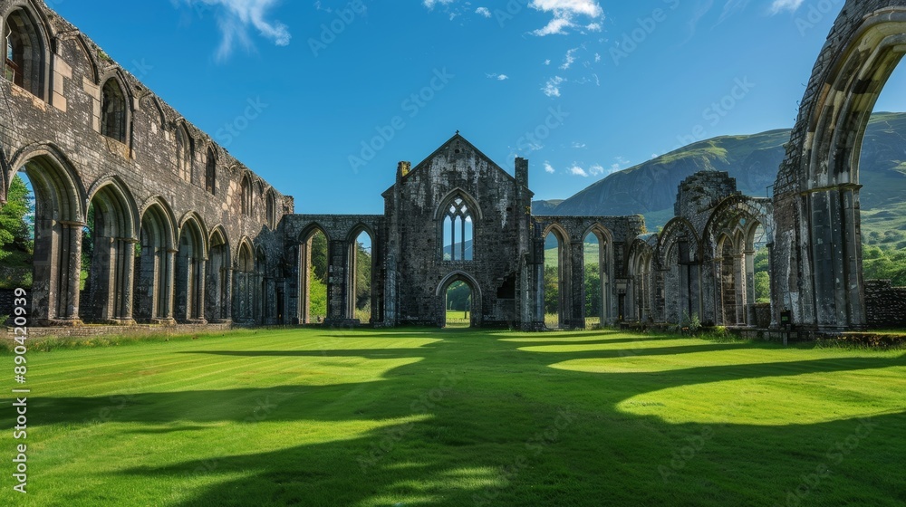 Fototapeta premium A large, grassy field with a stone building in the background