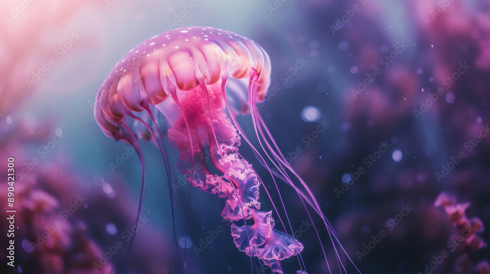 A mesmerizing red transparent jellyfish swimming gracefully in the deep ocean A mesmerizing red transparent jellyfish swimming gracefully in the deep ocean