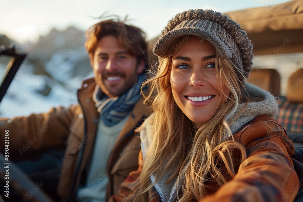Smiling Woman Takes Selfie With Man In Car During Winter Road Trip Smiling Woman Takes Selfie With Man In Car During Winter Road Trip