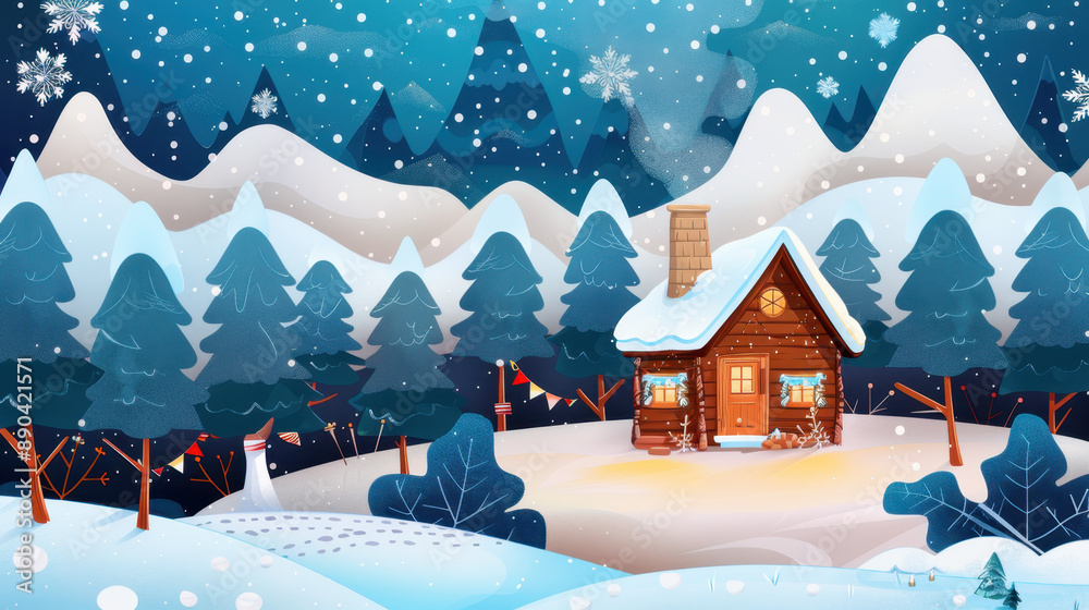 Cozy wooden cabin in a snowy winter landscape with pine trees and mountains under a starry sky Cozy wooden cabin in a snowy winter landscape with pine trees and mountains under a starry sky