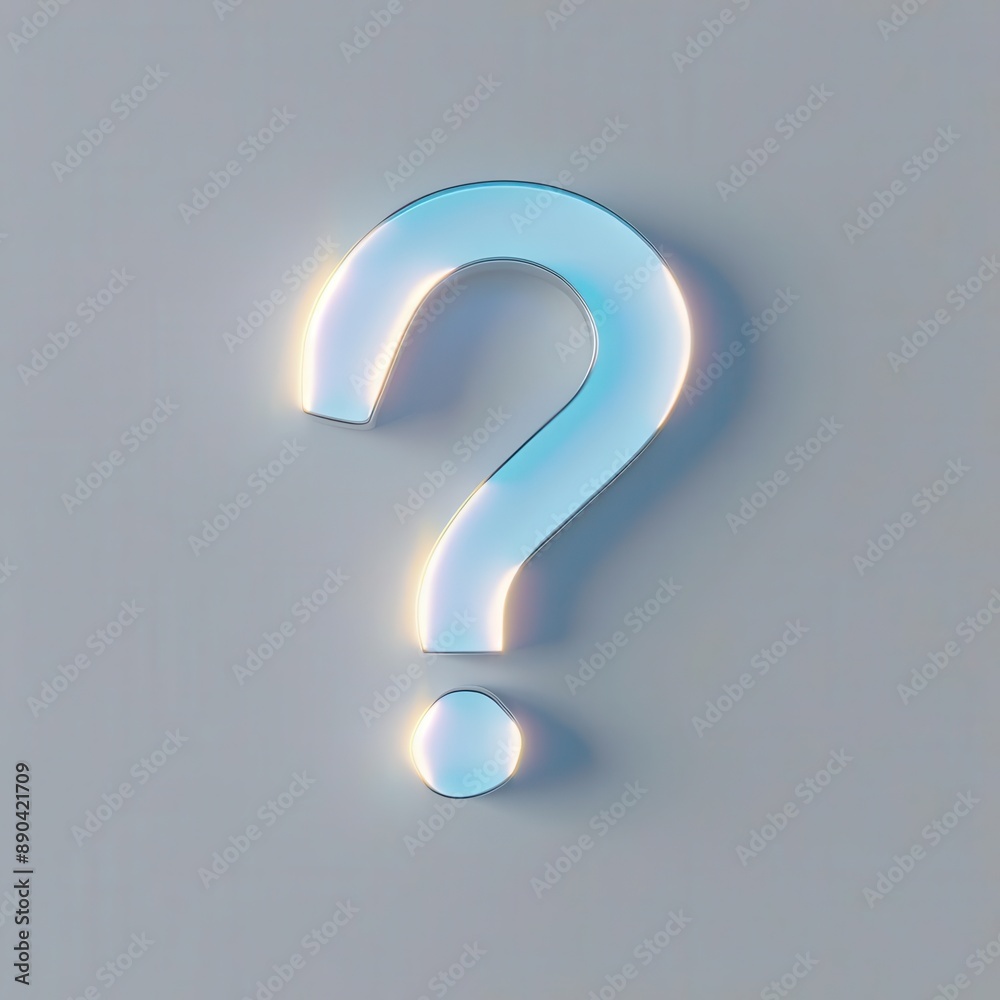glowing neon blue question mark floating in stark white void subtle shadows adding depth and dimension glowing neon blue question mark floating in stark white void subtle shadows adding depth and dimension