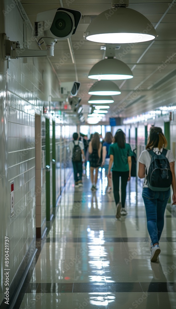 Modern School Hallway with Security Cameras Ensuring Student Safety and Monitoring Modern School Hallway with Security Cameras Ensuring Student Safety and Monitoring