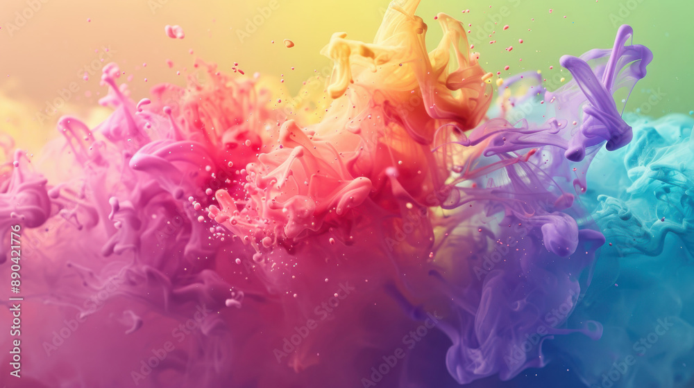 Obraz premium A vibrant abstract composition of colorful paint splashes on a yellow-green gradient background, blending artistic and technological themes