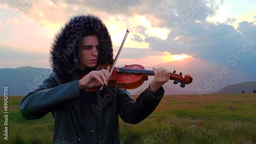 Violin player practicing outdoor at sunset on top of mountains.