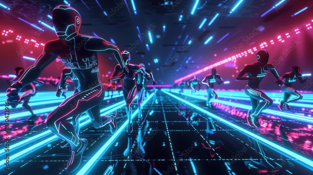 Futuristic Relay Race in Virtual Reality - Digital Avatars Running on Neon Glowing Track Futuristic Relay Race in Virtual Reality - Digital Avatars Running on Neon Glowing Track