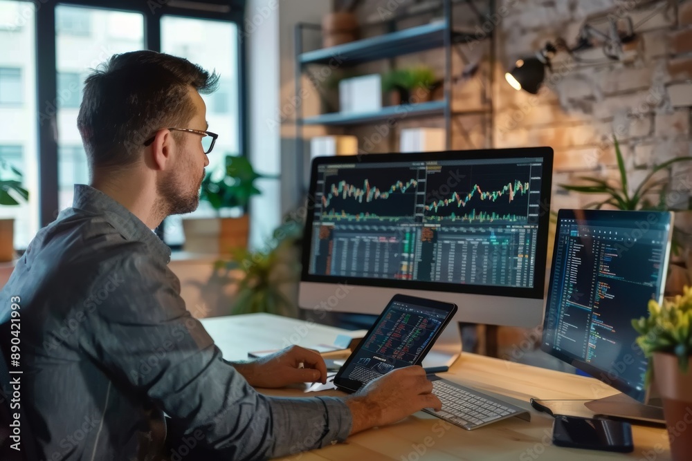 Sophisticated Minimalist Home Office with Trader Monitoring Cryptocurrency Markets on Tablet and Monitors Sophisticated Minimalist Home Office with Trader Monitoring Cryptocurrency Markets on Tablet and Monitors
