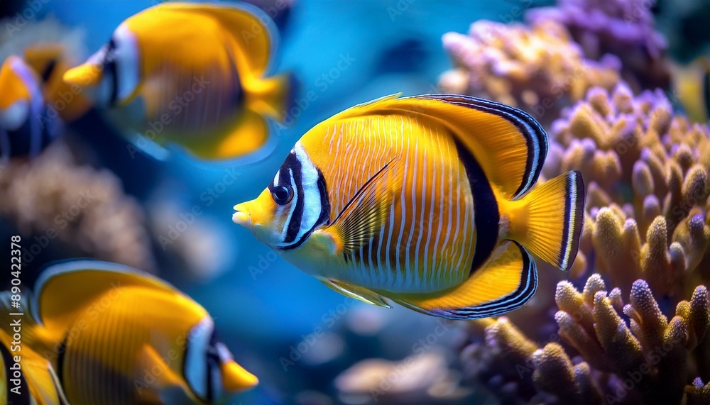 Fototapeta premium Angel butterfly fish Underwater Elegance: School of Angel Butterflyfish Amidst Coral Archway