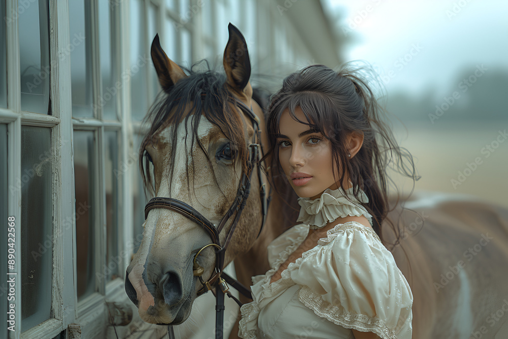 Obraz premium Girl and horse in the forest