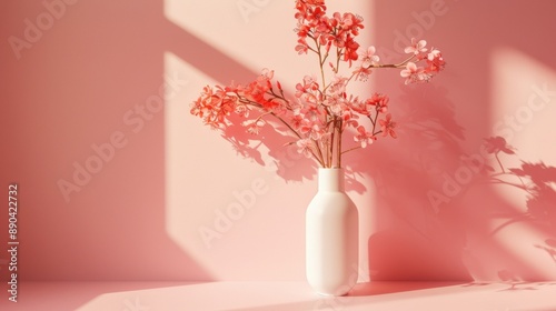 Pink flowers in white vase with pink background