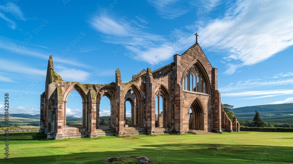 A large, grassy field with a stone building in the background A large, grassy field with a stone building in the background