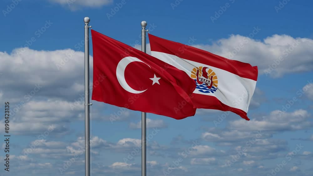 French Polynesia and Turkey flags flying together, video concept of the relationship, two country relations concept French Polynesia and Turkey flags flying together, video concept of the relationship, two country relations concept