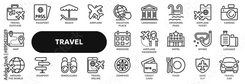 Set of vector line icons related to tourism, summer vacation, airplane travel. Symbols for website or app ui, logo design, illustration