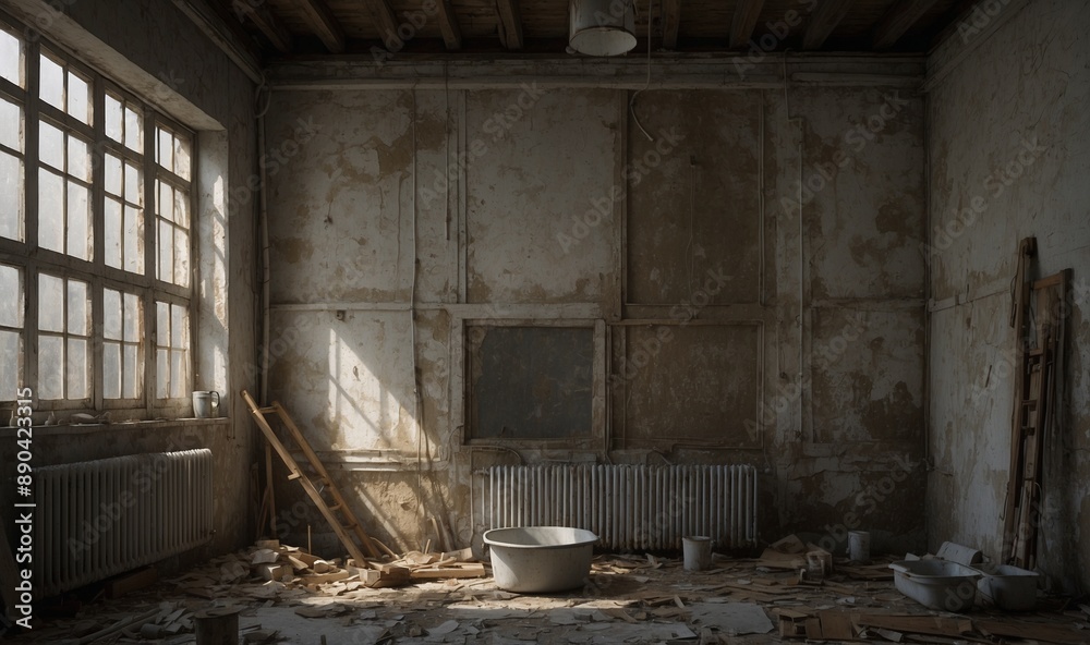 Small, abandoned room with cracked walls and a tub. Small, abandoned room with cracked walls and a tub.