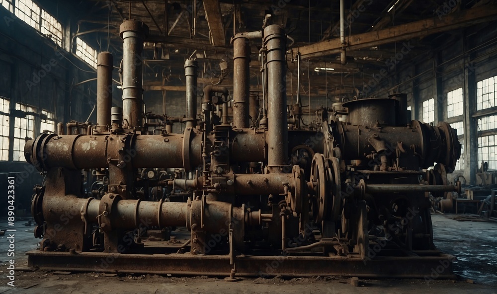 Large industrial machinery with multiple rusted pipes. Large industrial machinery with multiple rusted pipes.