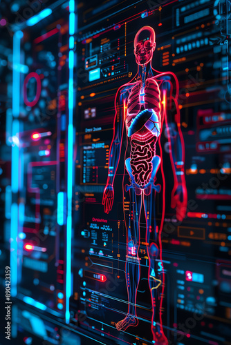 An illustration of a human body made of red and blue glowing lines on a dark background with a circuit board pattern. Generative ai.