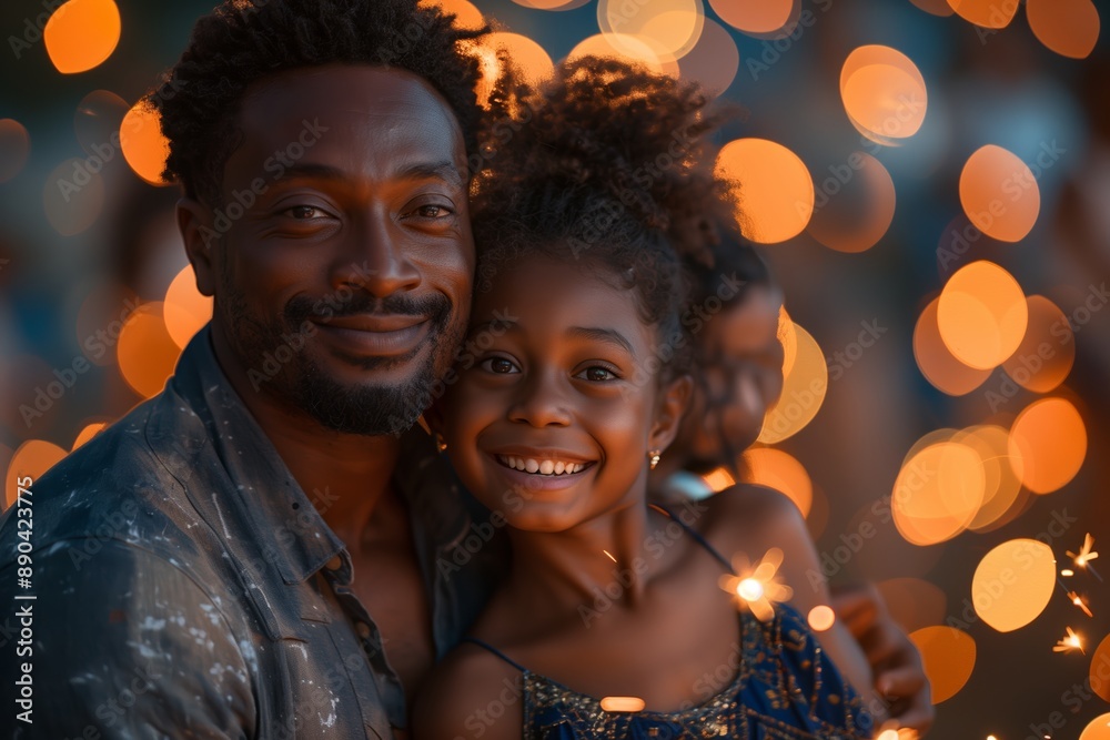 Smiling Father and Daughter Enjoying Festive Lights Smiling Father and Daughter Enjoying Festive Lights