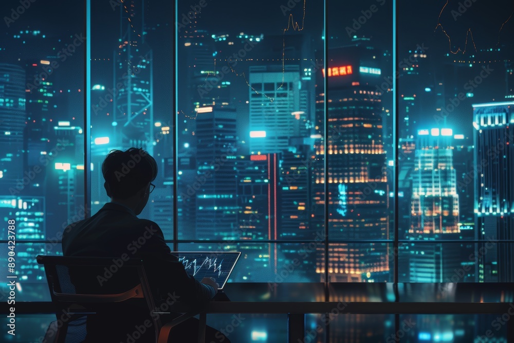 Trader Analyzing Cryptocurrency Trends on Tablet with City Skyline at Night - Modern Urban Finance Scene Trader Analyzing Cryptocurrency Trends on Tablet with City Skyline at Night - Modern Urban Finance Scene