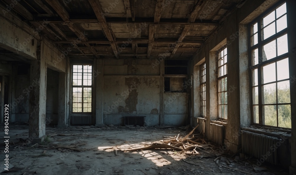 Empty, dilapidated room with large windows and debris Empty, dilapidated room with large windows and debris