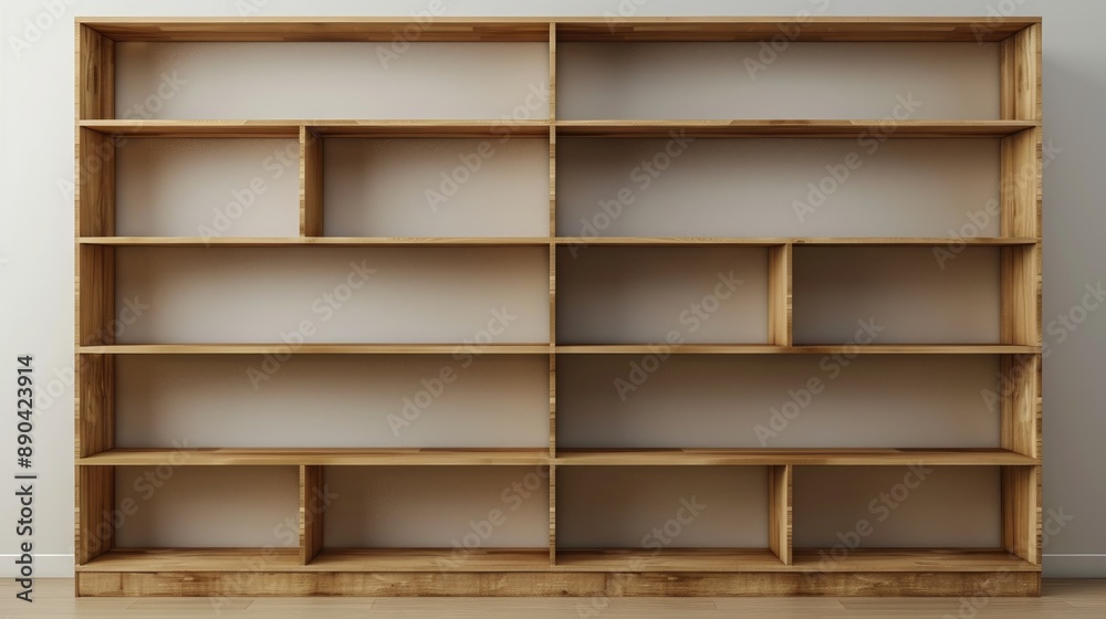 3D rendering of a blank wooden bookshelf, empty shelves awaiting books, minimalist design 3D rendering of a blank wooden bookshelf, empty shelves awaiting books, minimalist design