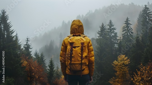 Embracing the Energy of New Beginnings   Hiker Stands at Edge of Misty Autumn Forest © Thares2020