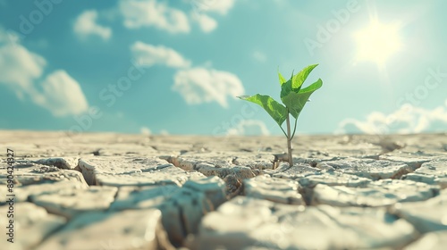 A Young Plant Growing in a Cracked, Dry Desert Under the Bright Sun