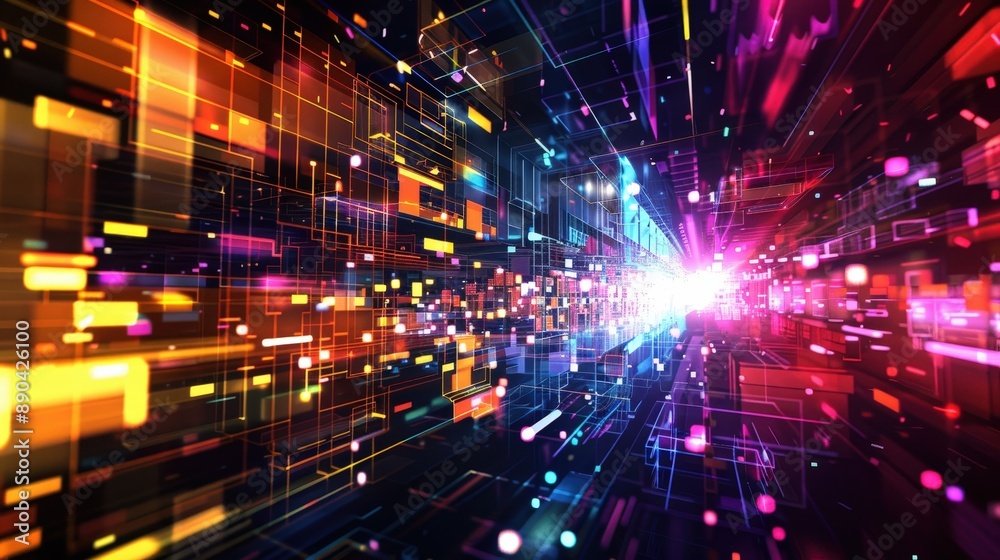 A colorful, abstract image of a cityscape with many bright lights and squares A colorful, abstract image of a cityscape with many bright lights and squares