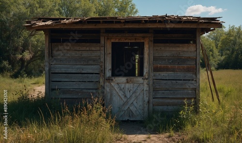 Small rustic wooden shack in an open grassy field.