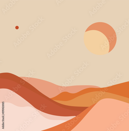 Interior painting, in the style of minimalism. pastel palette, peach and terracotta. desert landscape, sun and moon, Moroccan style. Vector illustration