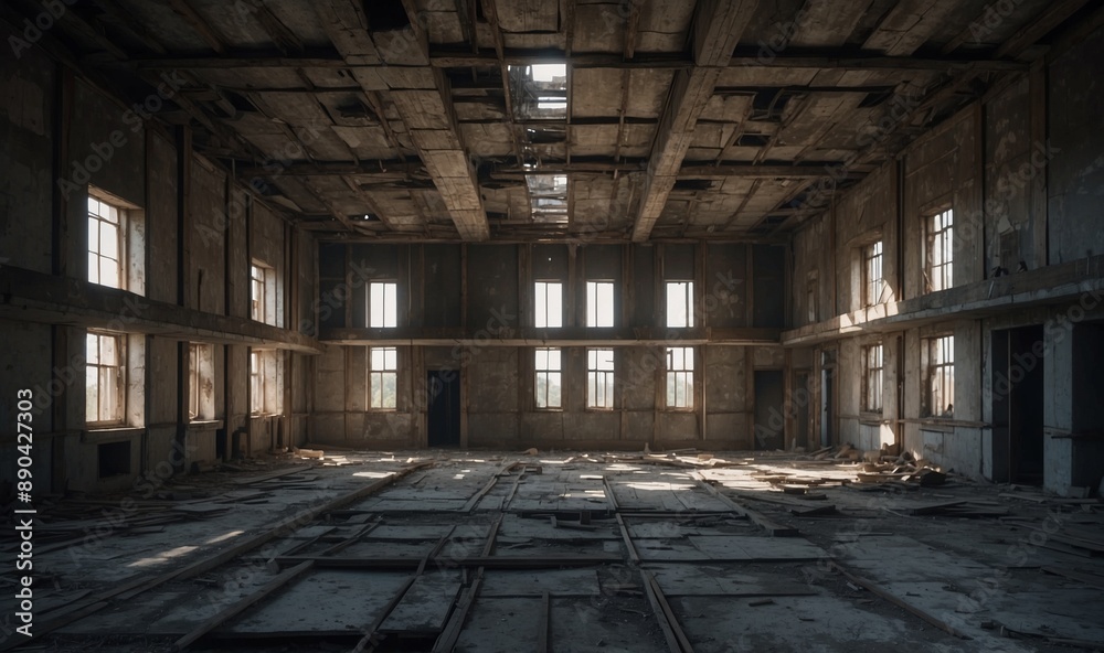 Abandoned spacious hall with broken windows and debris. Abandoned spacious hall with broken windows and debris.