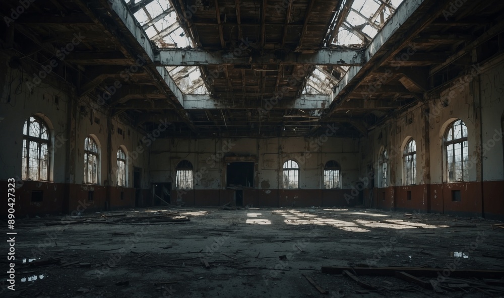 Vast abandoned hall with high ceilings and arched windows. Vast abandoned hall with high ceilings and arched windows.