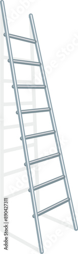Metallic ladder is leaning against a white wall, casting a shadow