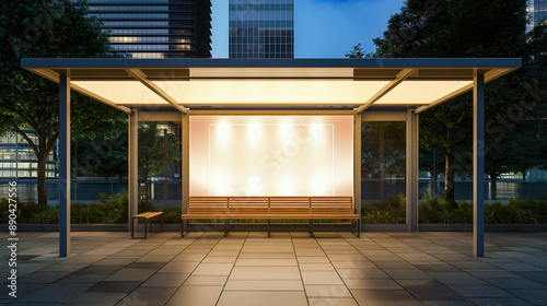 Evening urban bus stop in cityscape with illuminated panel and bench, modern architectural style