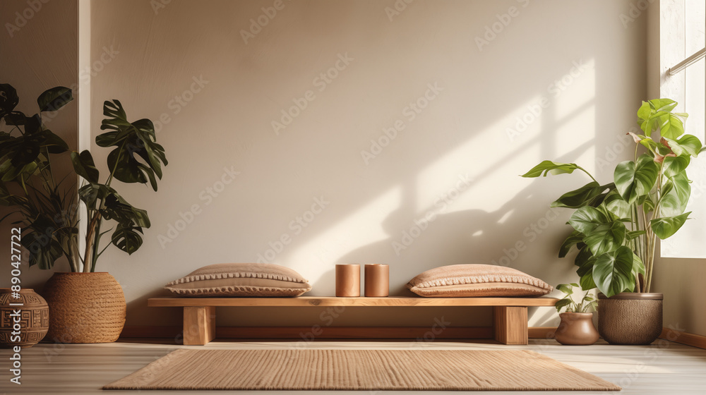 Modern Minimalist Meditation Space with Wooden Bench and Indoor Plants in Soft Natural Light Modern Minimalist Meditation Space with Wooden Bench and Indoor Plants in Soft Natural Light