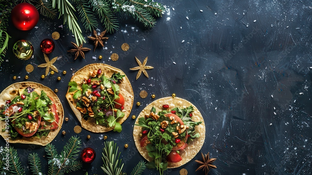 Festive holiday tacos with fresh greens, tomatoes, and pomegranate seeds on a dark background, adorned with Christmas decorations. Festive holiday tacos with fresh greens, tomatoes, and pomegranate seeds on a dark background, adorned with Christmas decorations.