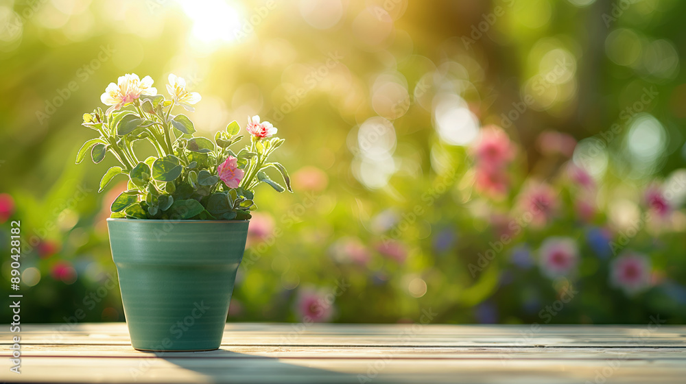Beautiful Potted Flowers in Sunlit Garden with Vibrant Blossoms and Lush Green Foliage Beautiful Potted Flowers in Sunlit Garden with Vibrant Blossoms and Lush Green Foliage