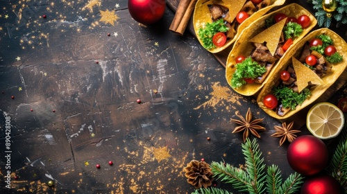Festive tacos with beef, lettuce, cherry tomatoes, and Christmas decorations on a dark rustic background. Perfect for seasonal holiday themes.