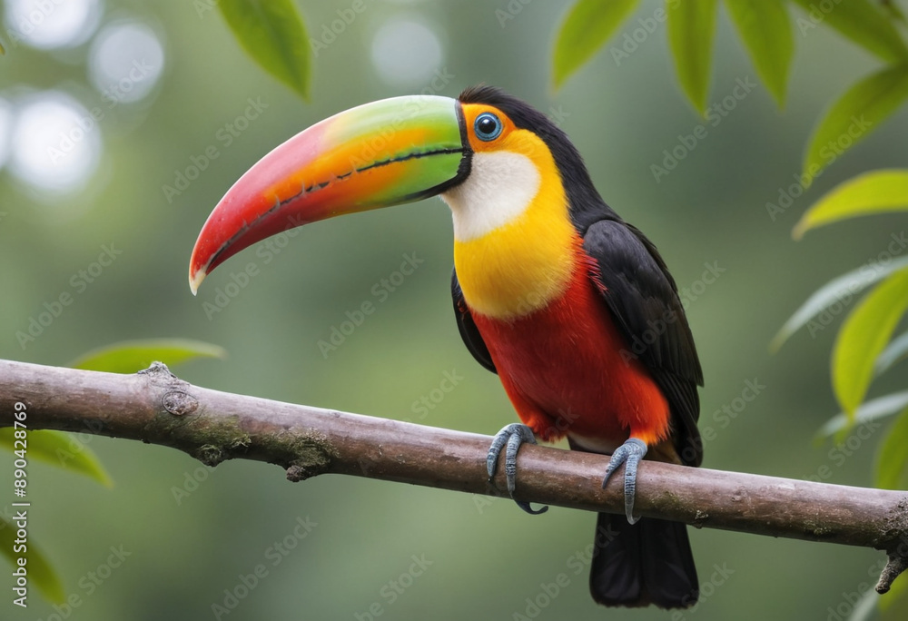 Obraz premium A brightly colored toucan perched on a branch, its large beak prominent. 