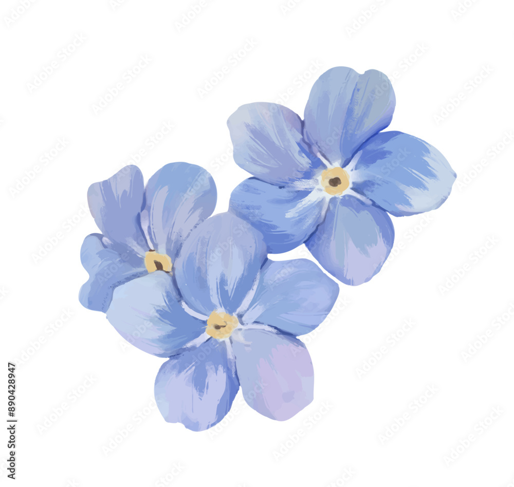Obraz premium Beautiful watercolor flowers. Drawing with elegant blue wildflowers. Blooming floral element with petals. Design for invitation. Hand drawn vector illustration isolated on white background