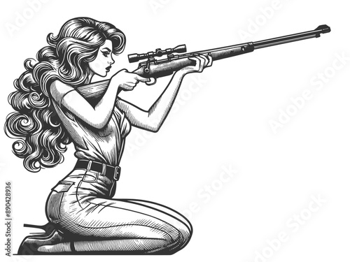 pin-up girl kneeling with a rifle, classic pin-up style with a hunting theme sketch engraving generative ai fictional character vector illustration. Scratch board imitation. Black and white image.