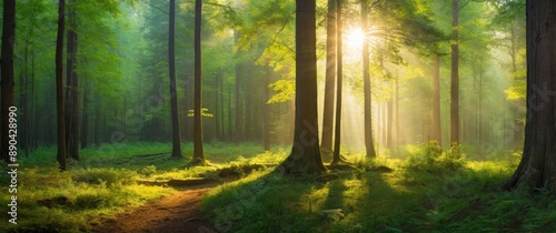 Sunbeams pierce through fog in dense forest illuminating verdant foliage creating magical atmosphere