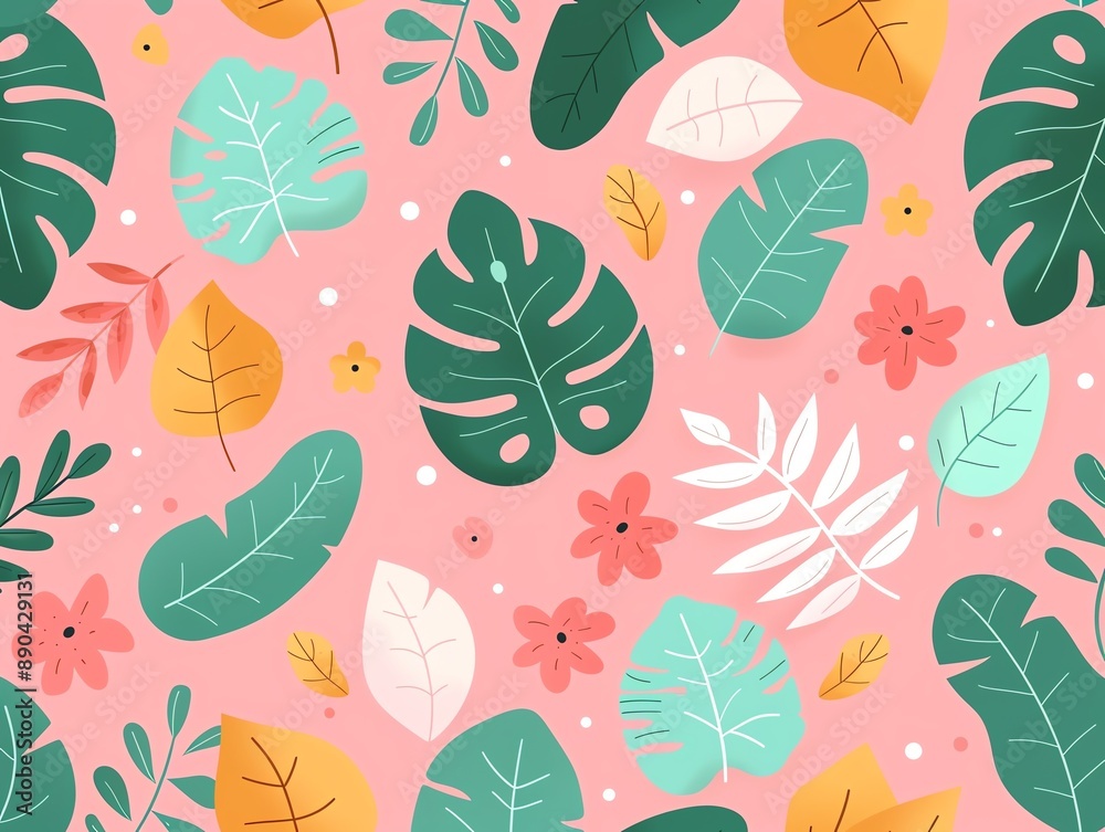 Colorful botanical pattern with various tropical leaves and flowers on a pink background. Ideal for fabric, wallpaper, and decor. Colorful botanical pattern with various tropical leaves and flowers on a pink background. Ideal for fabric, wallpaper, and decor.