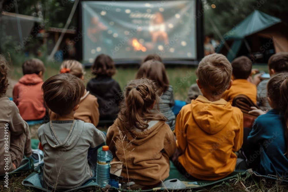 A group of young children dressed in colorful hoodies are seated on the ground in front of a movie screen near a backdrop of tents in a forest, enjoying a camp movie. A group of young children dressed in colorful hoodies are seated on the ground in front of a movie screen near a backdrop of tents in a forest, enjoying a camp movie.