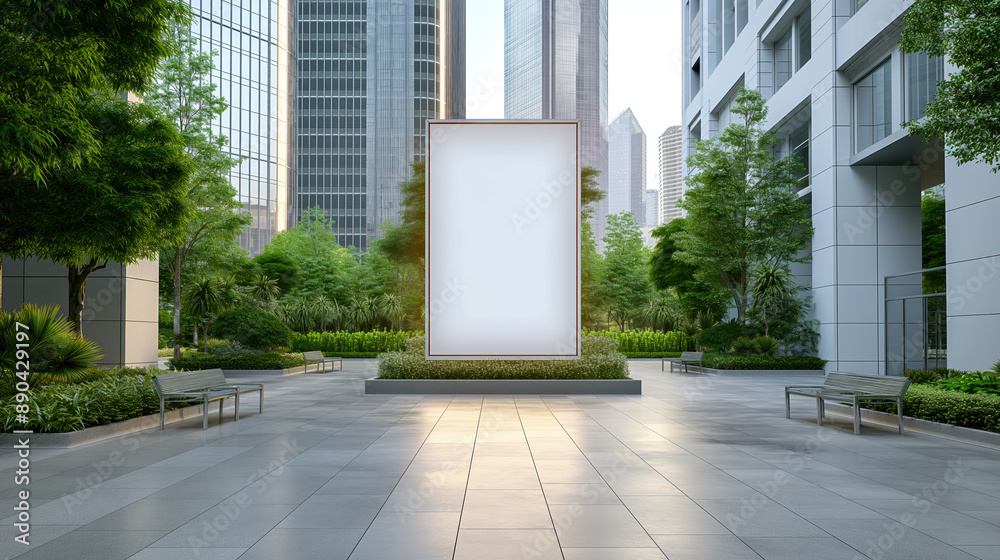 Modern Urban Square in City Center with Blank Vertical Billboard and Greenery Modern Urban Square in City Center with Blank Vertical Billboard and Greenery