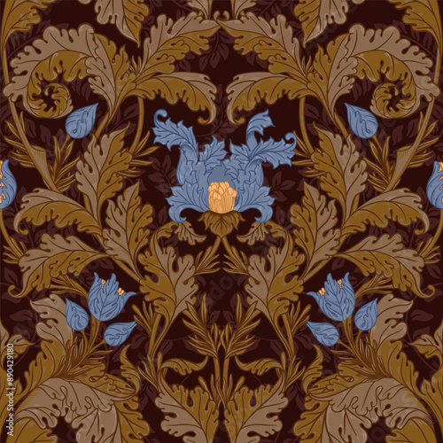 Floral vintage seamless pattern for retro wallpapers, textiles, designs. Enchanted Vintage Flowers. Arts and Crafts movement inspired.