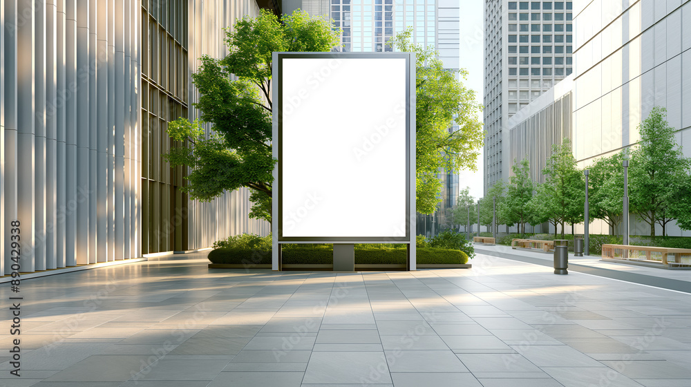 Empty Signboard in Modern Urban Plaza Surrounded by Green Trees and Tall Contemporary Buildings Empty Signboard in Modern Urban Plaza Surrounded by Green Trees and Tall Contemporary Buildings