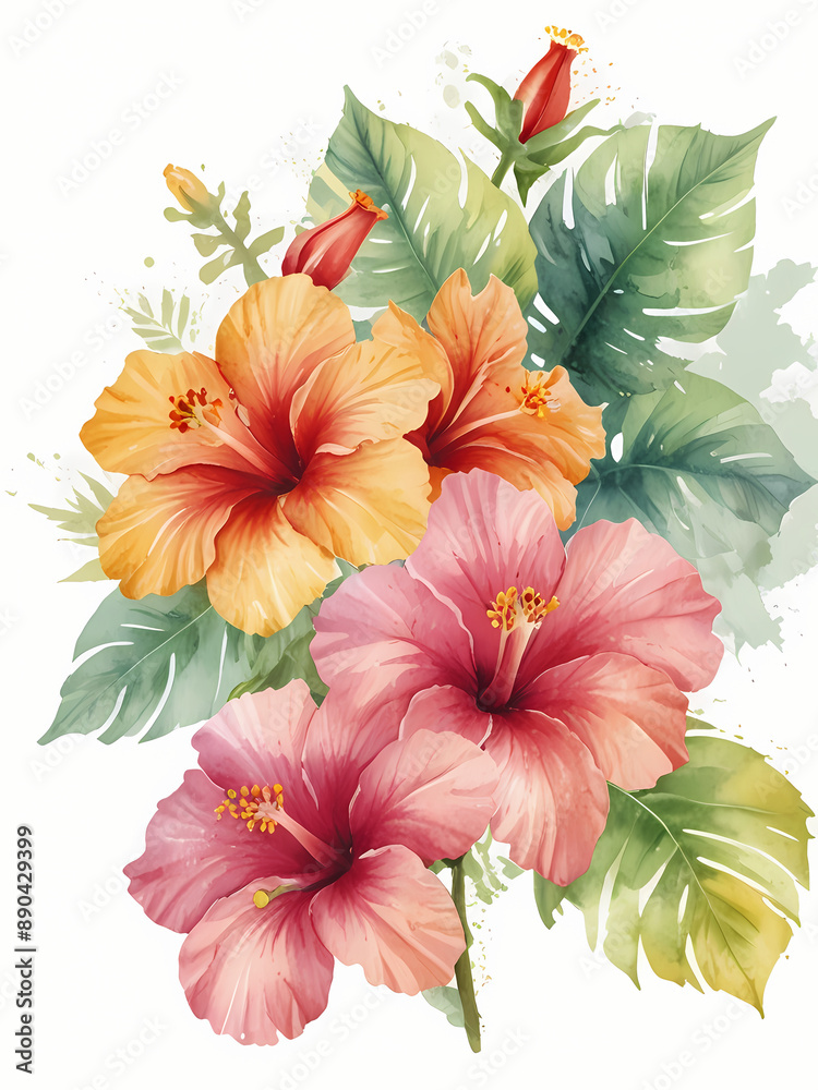 Obraz premium tropical hibiscus flower and monstera leaves summer theme bouquet isolated on white background