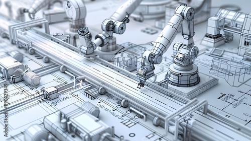 A robot is shown in a blue background with a glowing light. The robot is a large, mechanical arm with a black and silver color scheme. Concept of futuristic technology and advanced engineering