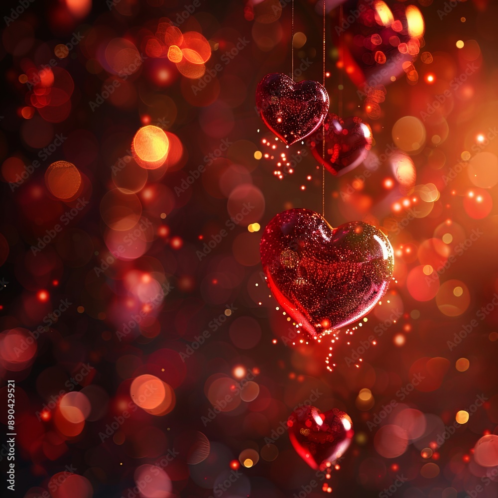 AI generated illustration of closeup of red reflective hearts with blurred bokeh background AI generated illustration of closeup of red reflective hearts with blurred bokeh background