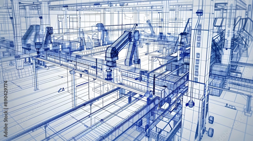 A blue and white industrial scene with a lot of machinery and conveyor belts. Concept of industry and productivity A blue and white industrial scene with a lot of machinery and conveyor belts. Concept of industry and productivity