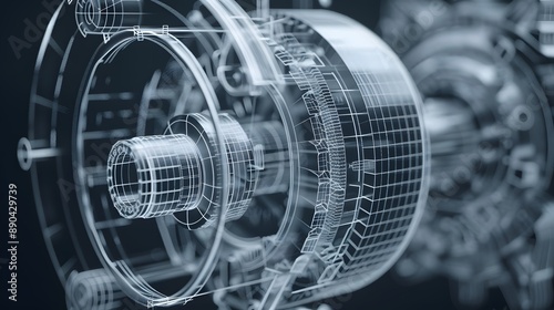 A mechanical part is shown in a 3D image. Concept of precision and complexity, as the gears and other components are intricately detailed. Scene is one of engineering and technology